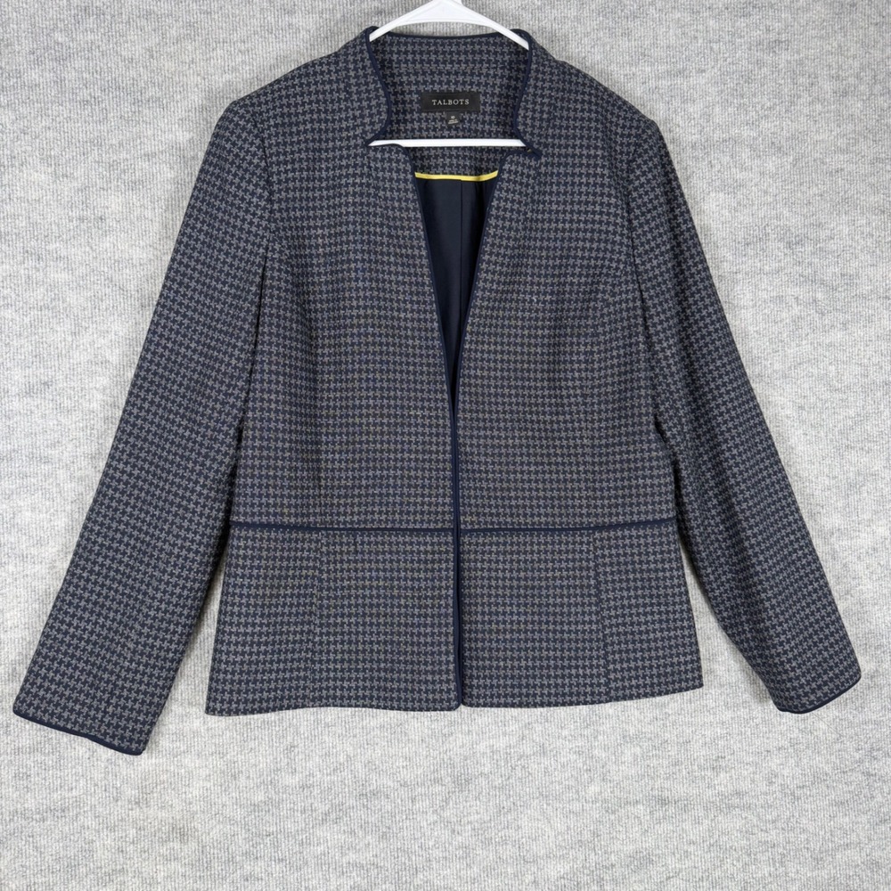 Talbots Size-10 Blazer Jacket Navy Houndstooth Collarless Hook Closure